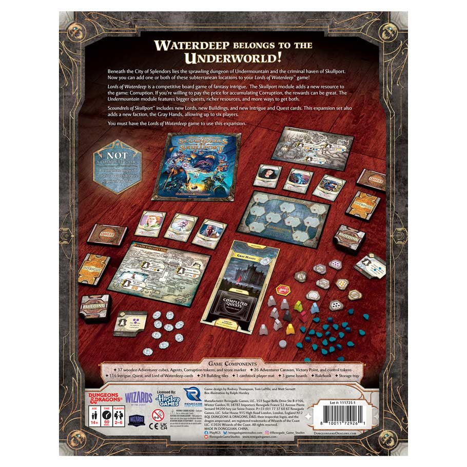 D&D: Lords of Waterdeep: Scoundrels of Skullport Expansion (PREORDER) - Back of D&D Lords of Waterdeep Scoundrels of Skullport Expansion box with game components and cards displayed on dark red.