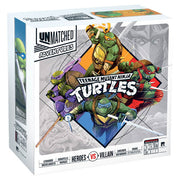 Unmatched Adventures: Teenage Mutant Ninja Turtles - Square board game box featuring colorful Teenage Mutant Ninja Turtles characters Raphael, Donatello, Michelangelo, and.