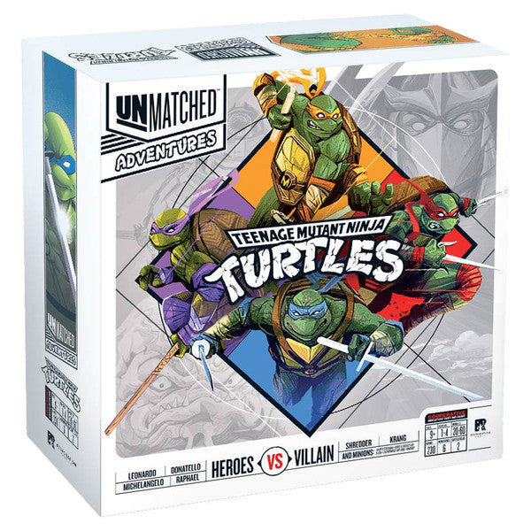 Unmatched Adventures: Teenage Mutant Ninja Turtles - Square board game box featuring colorful Teenage Mutant Ninja Turtles characters Raphael, Donatello, Michelangelo, and.
