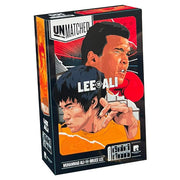 Unmatched: Muhammad Ali vs. Bruce Lee (PREORDER) - Rectangular board game box featuring illustrated profiles of Muhammad Ali and Bruce Lee in bold red, orange, and black tones