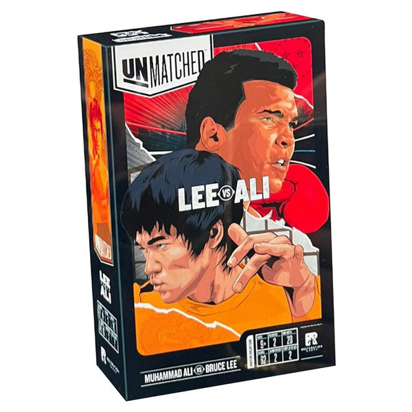 Unmatched: Muhammad Ali vs. Bruce Lee (PREORDER) - Rectangular board game box featuring illustrated profiles of Muhammad Ali and Bruce Lee in bold red, orange, and black tones
