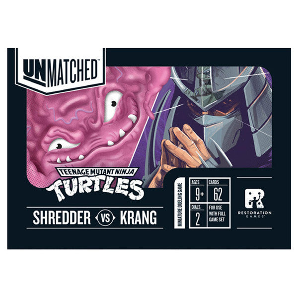 Unmatched Adventures: Teenage Mutant Ninja Turtles: Shredder/Krang Hero Deck Expansion - Rectangular game deck box featuring pink brain-like character Krang and armored villain Shredder on a black background with.