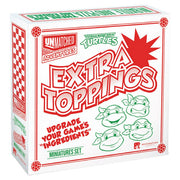 Unmatched Adventures: Teenage Mutant Ninja Turtles: Extra Toppings Expansion (PREORDER) - White square box with red text and green accents, featuring cartoon faces of Teenage Mutant Ninja Turtles and bold "Extra.