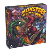 Monsters Menace The World - Board game box featuring colorful, detailed artwork of a green dinosaur-like monster and a red ape-like creature battling in