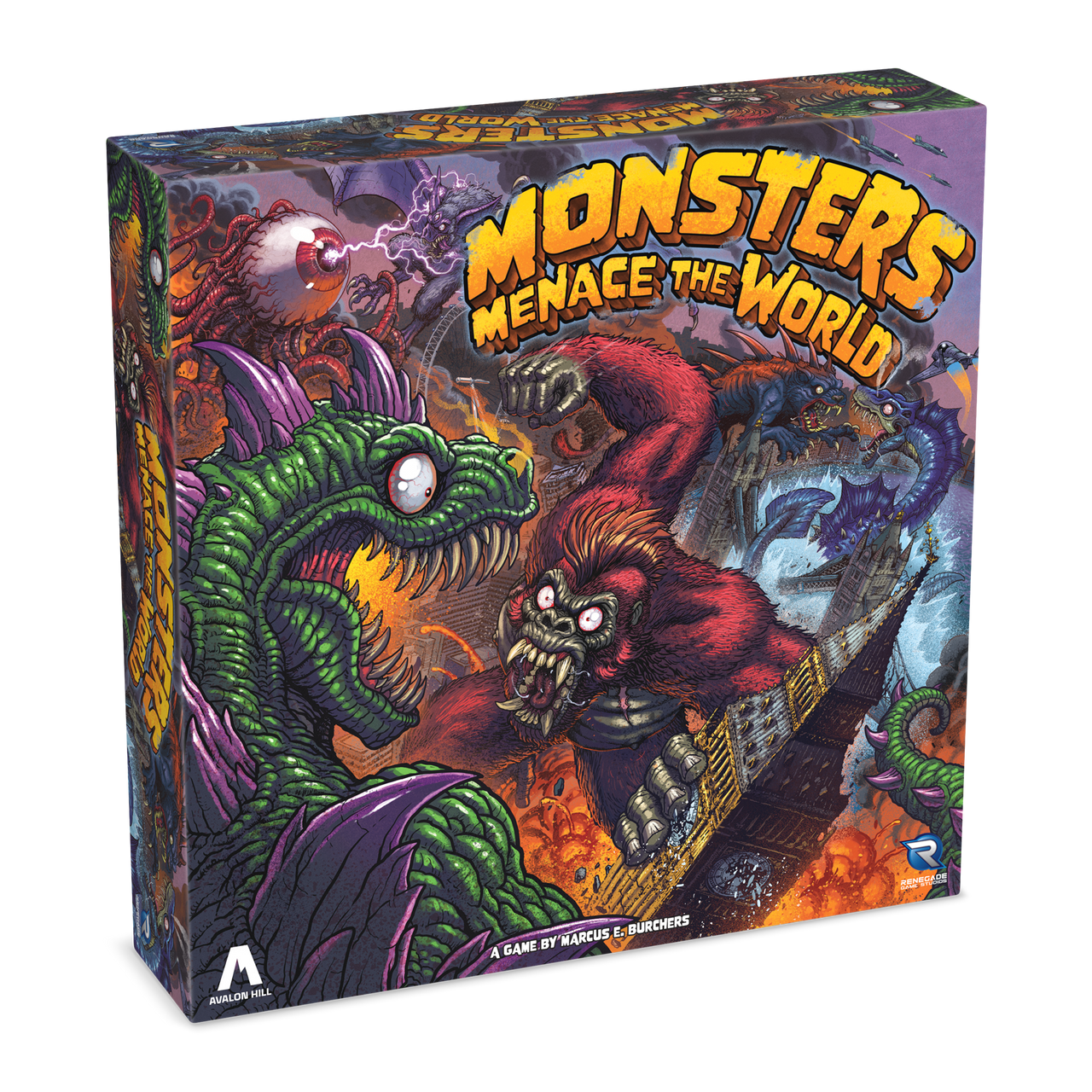 Monsters Menace The World - Board game box featuring colorful, detailed artwork of a green dinosaur-like monster and a red ape-like creature battling in