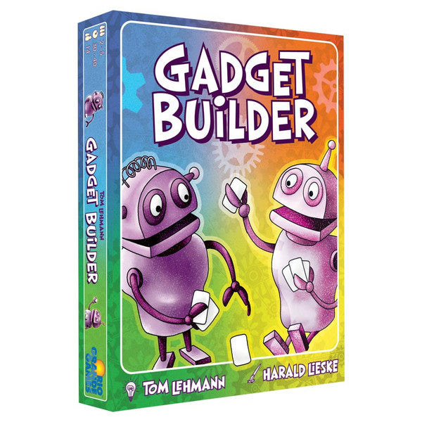 Gadget Builder - Gadget Builder board game box with colorful cartoon robots on purple and orange background.