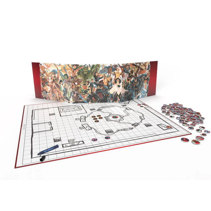 Marvel Multiverse RPG Narrator Bundle - Folded Marvel-themed RPG screen with colorful character artwork, detailed grid map, and round red tokens scattered nearby.