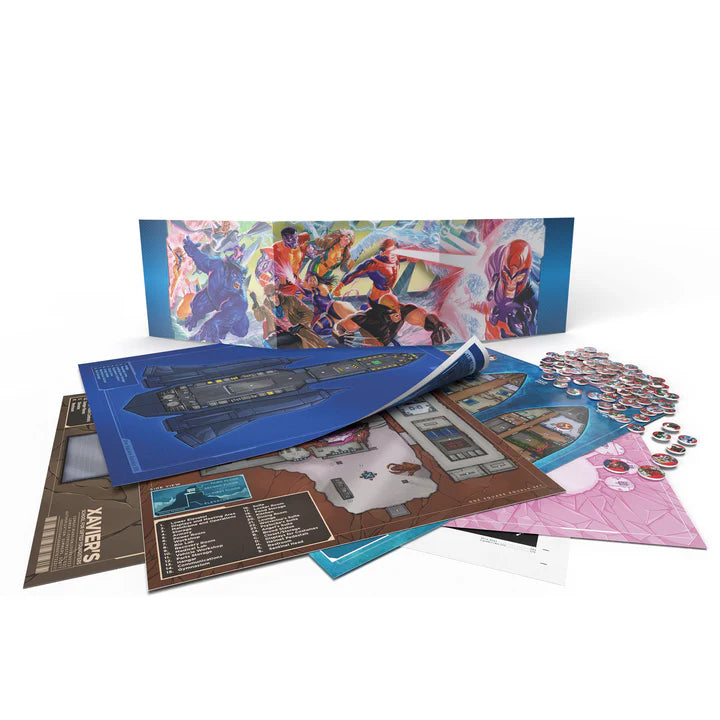 Marvel Multiverse RPG Narrator Bundle: X-Men - Colorful Marvel Multiverse RPG Narrator Bundle with X-Men character art, maps, tokens, and guides spread out on white.