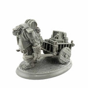 Brinewood Ogre Porter - Unpainted grey resin miniature of a muscular ogre pulling a detailed wooden cart loaded with barrels, standing on an oval.