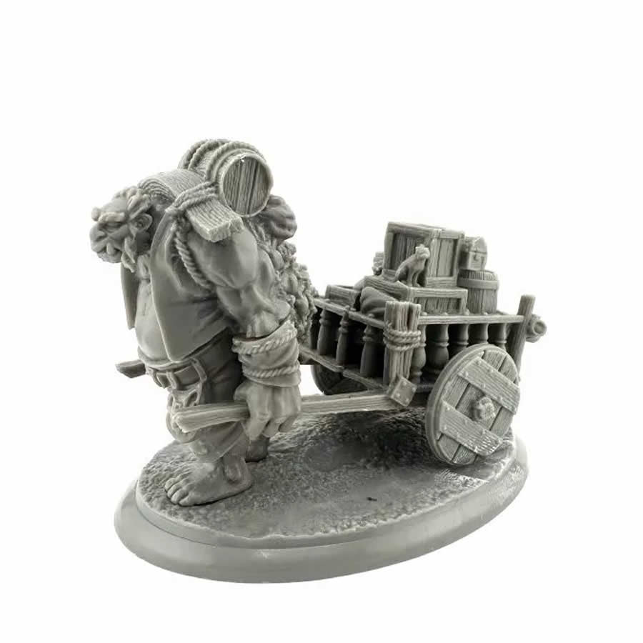 Brinewood Ogre Porter - Unpainted grey resin miniature of a muscular ogre pulling a detailed wooden cart loaded with barrels, standing on an oval.