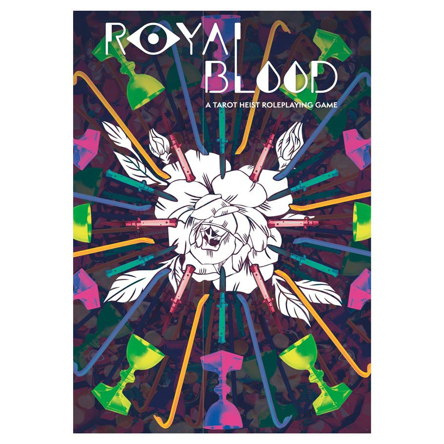 Royal Blood: Revised Edition (PREORDER) - Royal Blood Revised Edition RPG book with dark purple cover, white floral and feather illustration, colorful abstract shapes.