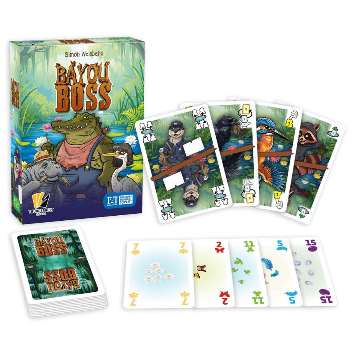 Bayou Boss - Bayou Boss card game box with colorful swamp-themed illustration, featuring a rhinoceros boss character; five character.