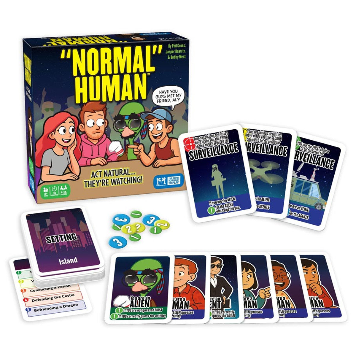 Normal Human - "Normal Human" party game box with colorful cartoon character cards, question cards, and round tokens arranged on a white.