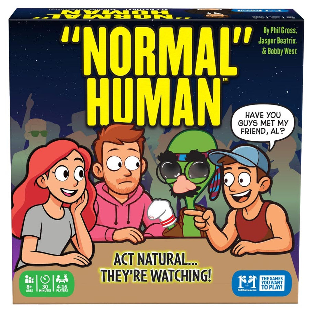 Normal Human - Board game box with cartoon characters in vibrant colors, featuring a dog and three people chatting against a dark.