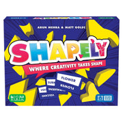 Shapely (PREORDER) - Colorful Shapely party game box with bold lettering and scattered yellow geometric shapes.
