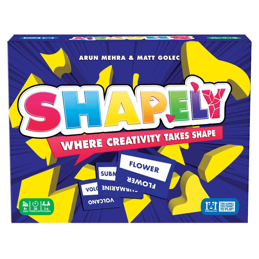 Shapely (PREORDER) - Colorful Shapely party game box with bold lettering and scattered yellow geometric shapes.