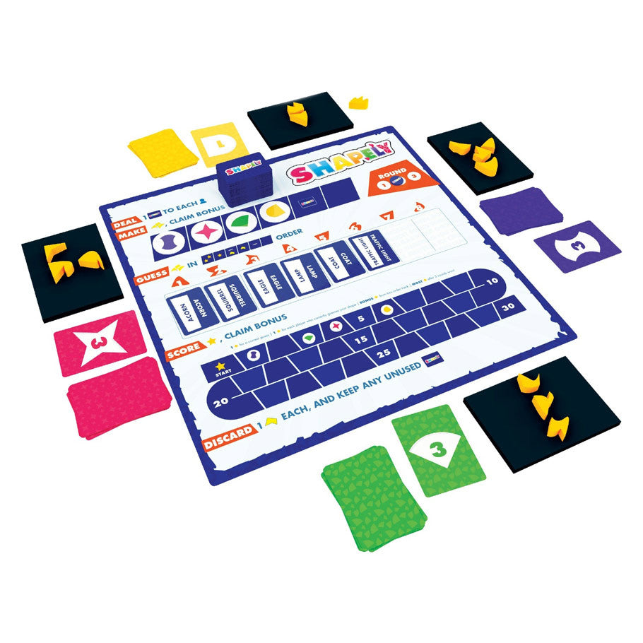 Shapely (PREORDER) - Colorful board game with a central score sheet and various small, shaped yellow game pieces on black, green, yellow, and.
