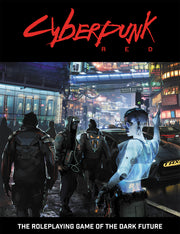 Cyberpunk RED Core Rulebook - Paperback book with a neon-lit urban sci-fi scene on the cover featuring futuristic characters and bold red "Cyberpunk RED".