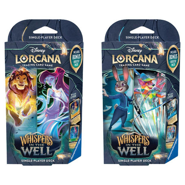 Lorcana TCG: Whispers in the Well Starter Deck 2-pack - Two Lorcana TCG Whispers in the Well single-player starter decks featuring colorful Disney character artwork on dark blue.