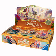 Lorcana TCG: Wilds Unknown Booster Display (PREORDER) - Open cardboard display box with colorful fantasy artwork featuring whimsical characters, labeled "Lorcana Wilds Unknown".