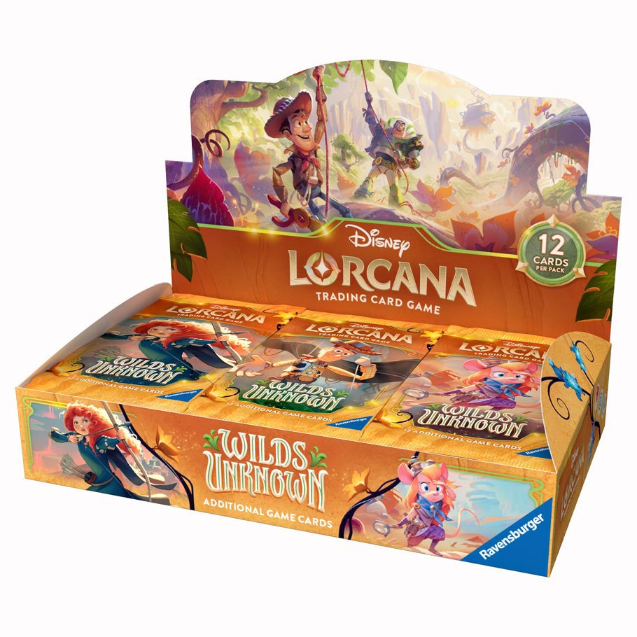 Lorcana TCG: Wilds Unknown Booster Display (PREORDER) - Open cardboard display box with colorful fantasy artwork featuring whimsical characters, labeled "Lorcana Wilds Unknown".