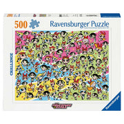 Puzzle: The Powerpuff Girls 500 Piece Challenge - Colorful 500-piece Ravensburger puzzle featuring multiple animated Powerpuff Girls characters on a bright divided background.
