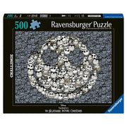 Puzzle: Nightmare Before Christmas 500 Piece Challenge - 500-piece Ravensburger puzzle featuring black and white Jack Skellington faces forming a pumpkin shape on a dark patterned.