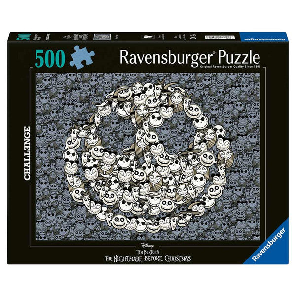 Puzzle: Nightmare Before Christmas 500 Piece Challenge - 500-piece Ravensburger puzzle featuring black and white Jack Skellington faces forming a pumpkin shape on a dark patterned.