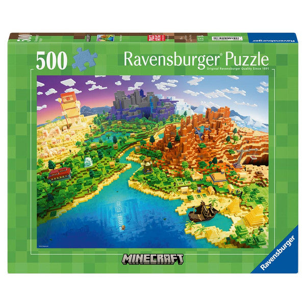 Puzzle: Minecraft 500 Piece - 500-piece Ravensburger puzzle featuring colorful Minecraft landscape with river, mountains, and pixelated scenery.
