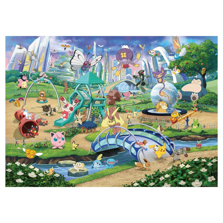 Pokémon Puzzle - Breakout #1 - Eevee Park (PREORDER) - Colorful Pokémon-themed puzzle featuring Eevee and friends in a vibrant park setting with flowers and playground structures.