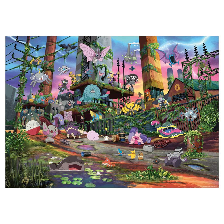 Pokémon Breakout 1000pc Puzzle - Jolteon, Power Plant (PREORDER) - Colorful 1000-piece puzzle featuring Jolteon and other Pokémon in a vibrant, detailed power plant setting with lush greenery