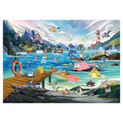 Pokémon Breakout 1000pc Puzzle - Vaporeon, Marine (PREORDER) - Colorful 1000-piece Pokémon puzzle featuring Vaporeon and various Pokémon around a lively marine dock scene with lighthouse.