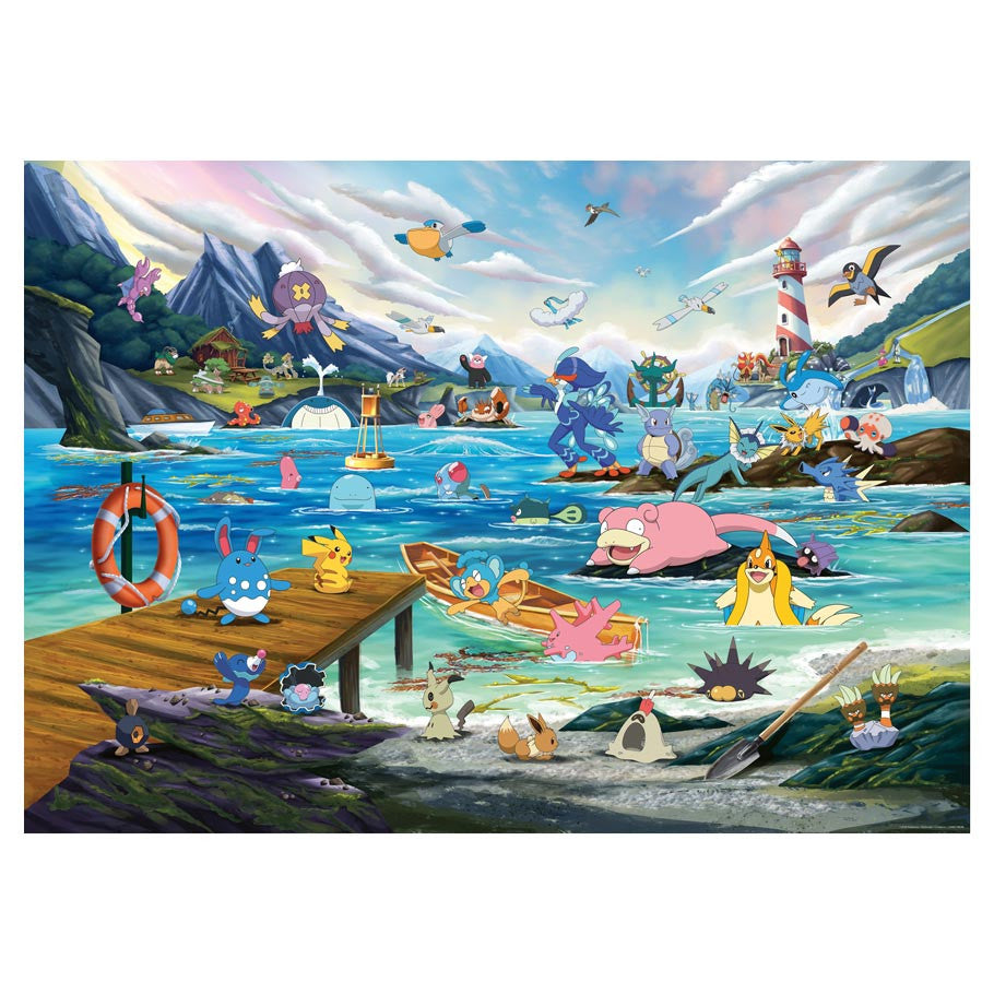 Pokémon Breakout 1000pc Puzzle - Vaporeon, Marine (PREORDER) - Colorful 1000-piece Pokémon puzzle featuring Vaporeon and various Pokémon around a lively marine dock scene with lighthouse.