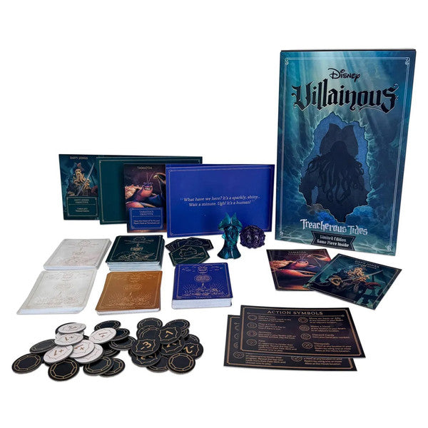 Disney Villainous: Treacherous Tides - Treacherous Tides board game expansion with illustrated cards, tokens, and a tall blue game box.