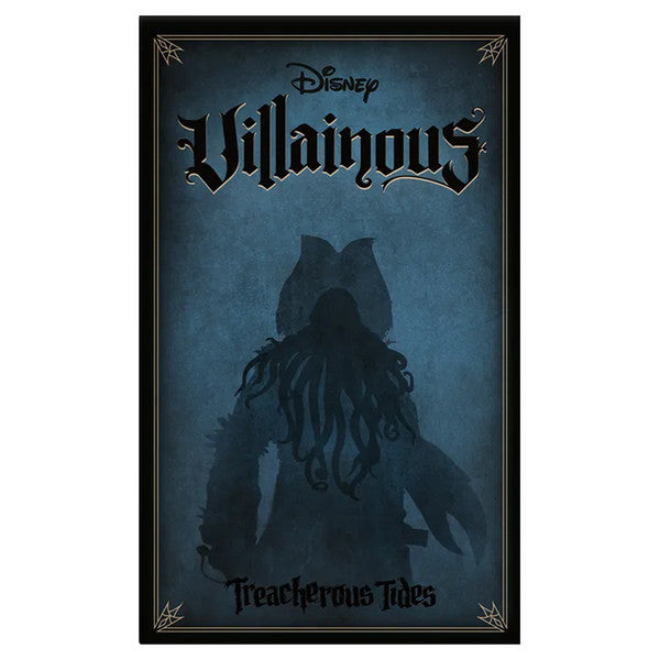 Disney Villainous: Treacherous Tides - Dark blue game box with tentacle silhouette and black ornate border for Disney Villainous Treacherous Tides expansion.
