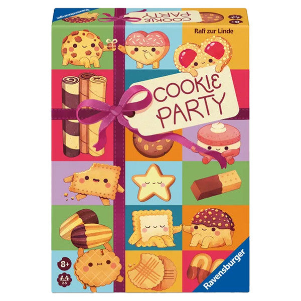 Cookie Party - Colorful board game box with playful cookie illustrations and a purple ribbon, labeled "Cookie Party".