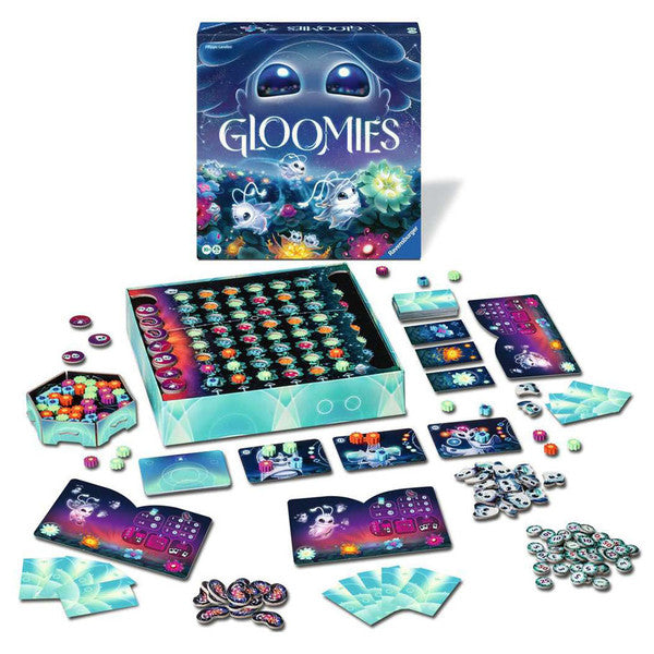 Gloomies - Gloomies board game with dark blue space-themed box, colorful game board, character cards, tokens, and metal skull pieces.