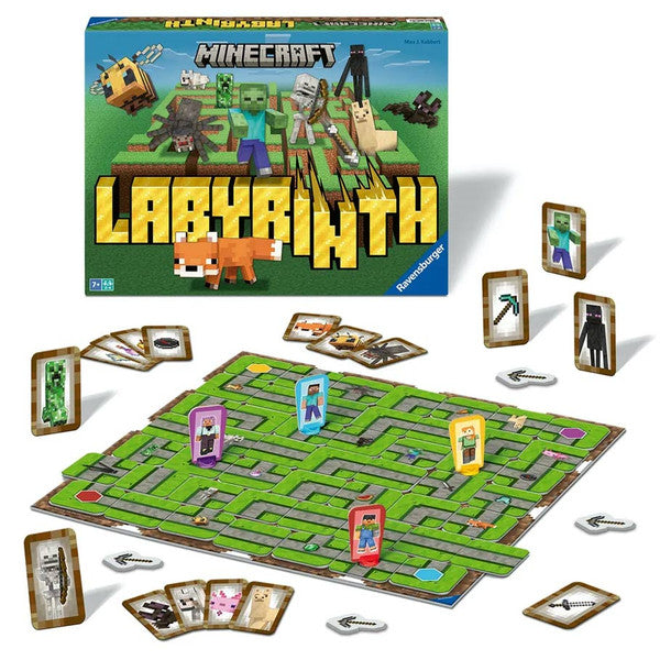 Labyrinth: Minecraft - Minecraft-themed Labyrinth board game with green maze, character cards, and colorful player tokens.