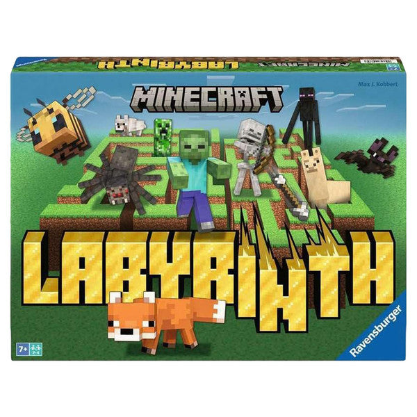 Labyrinth: Minecraft - Minecraft-themed Labyrinth board game box featuring pixelated characters like a zombie, skeleton, spider, and cat on a green
