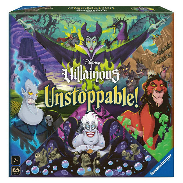 Disney Villainous: Unstoppable! - Colorful board game box featuring Disney villains Maleficent, Ursula, Scar, and Hades on a dark fantasy background.