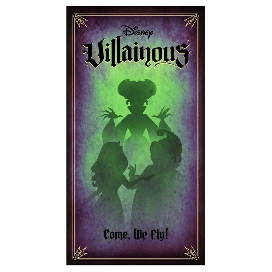 Disney Villainous: Come, We Fly! (PREORDER) - Disney Villainous Come, We Fly! game box with purple and green gradient background showing shadowed villain silhouettes and.