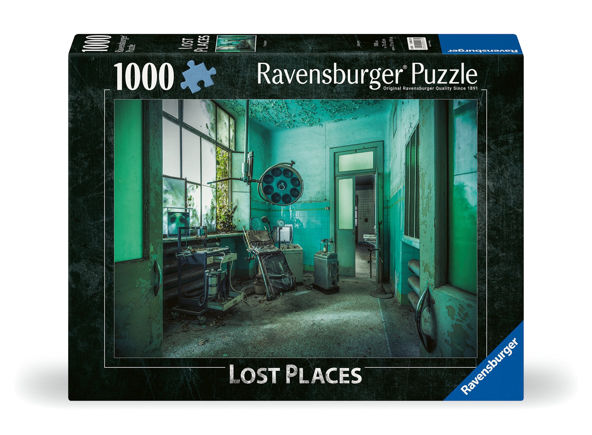 Lost Places: The Asylum 1000 Piece Puzzle (PREORDER) - 1000-piece Ravensburger puzzle box featuring eerie abandoned asylum interior with peeling paint and old medical equipment.