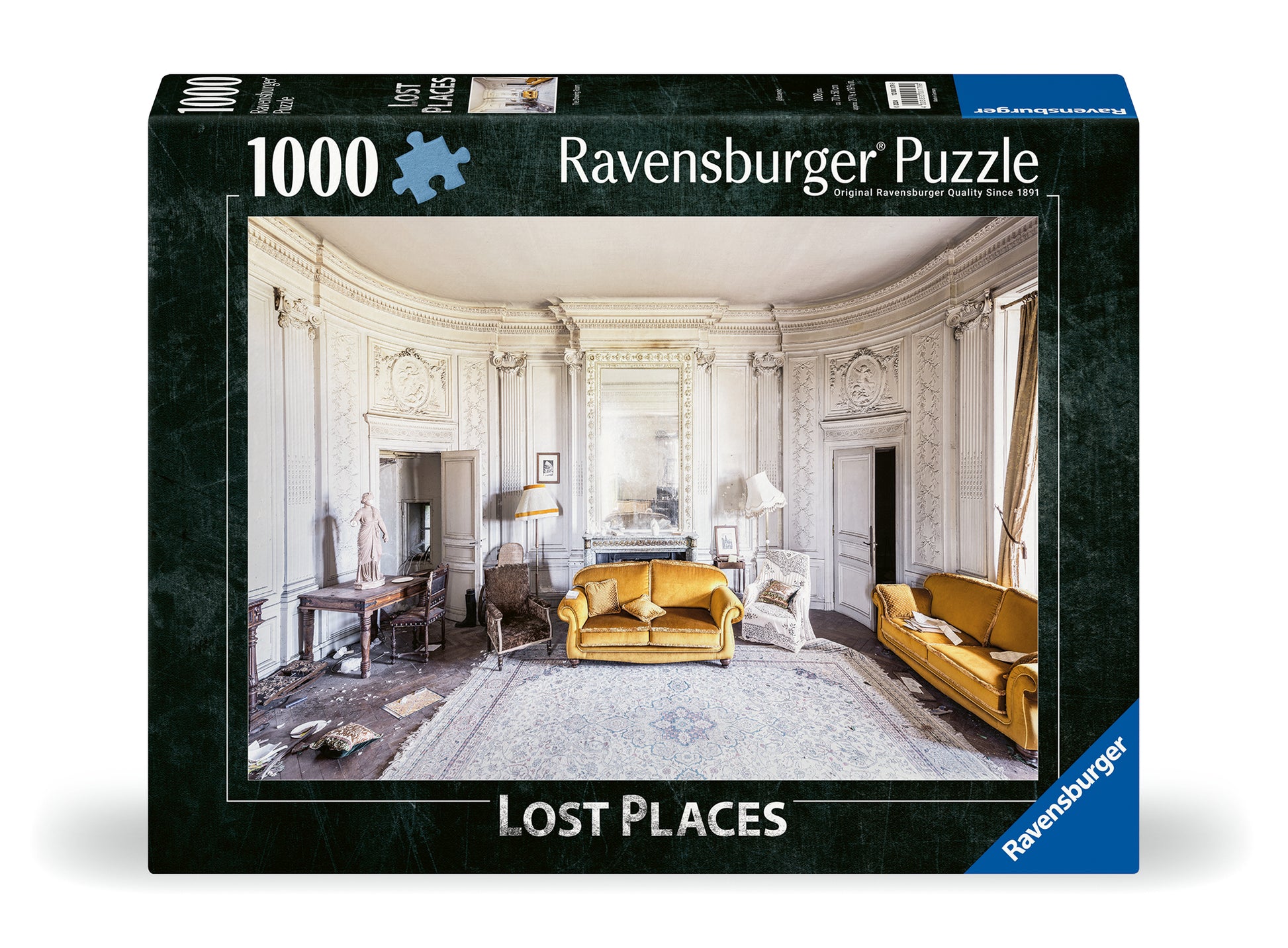 Lost Places: The Drawing Room 1000 Piece Puzzle - Ravensburger 1000-piece puzzle featuring an elegant, abandoned drawing room with ornate white walls and two vintage mustard.