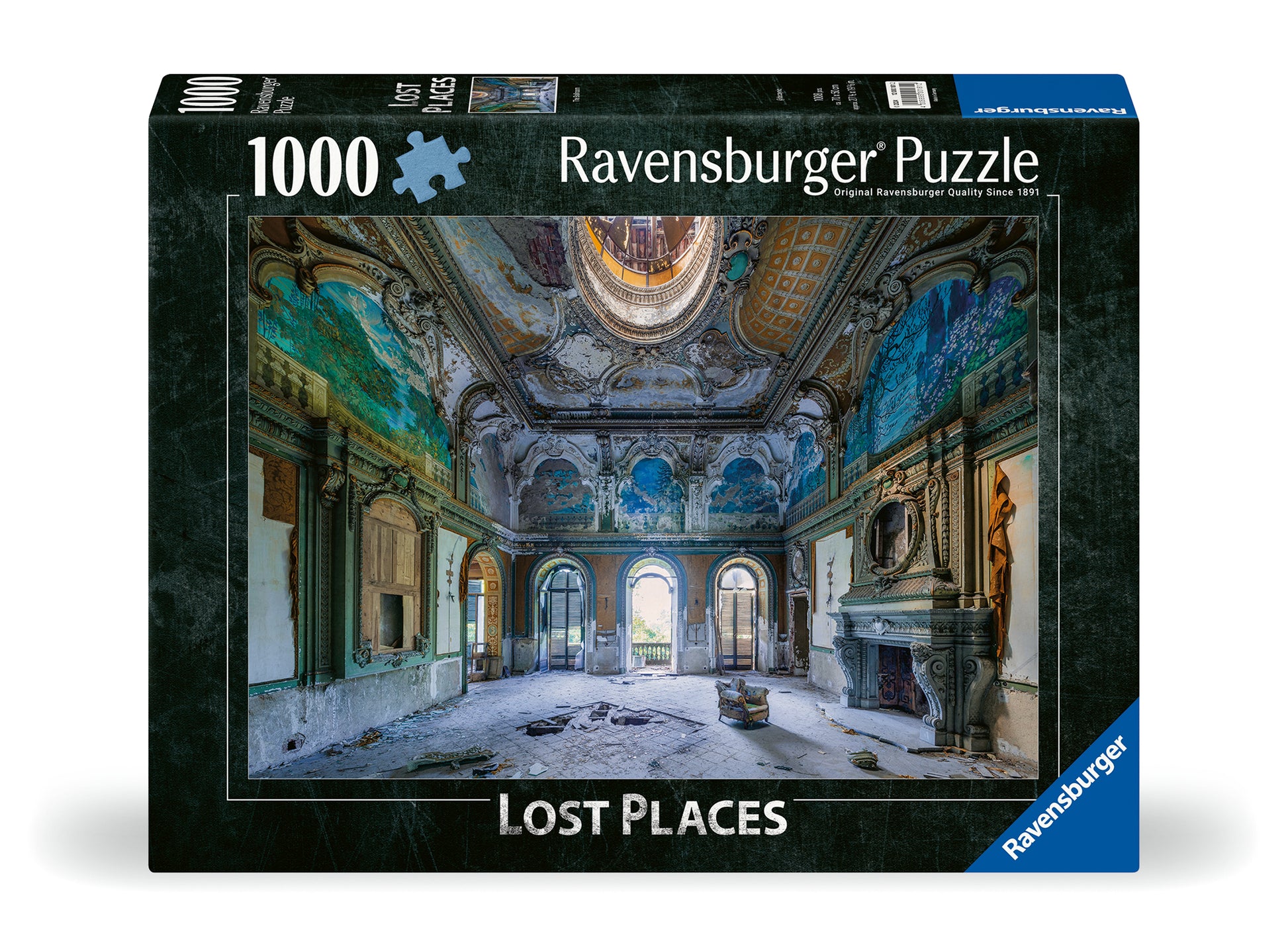 Lost Places: The Ballroom 1000 Piece Puzzle (PREORDER) - Ravensburger 1000-piece puzzle box featuring a detailed, abandoned ballroom with ornate ceiling and large arched windows.