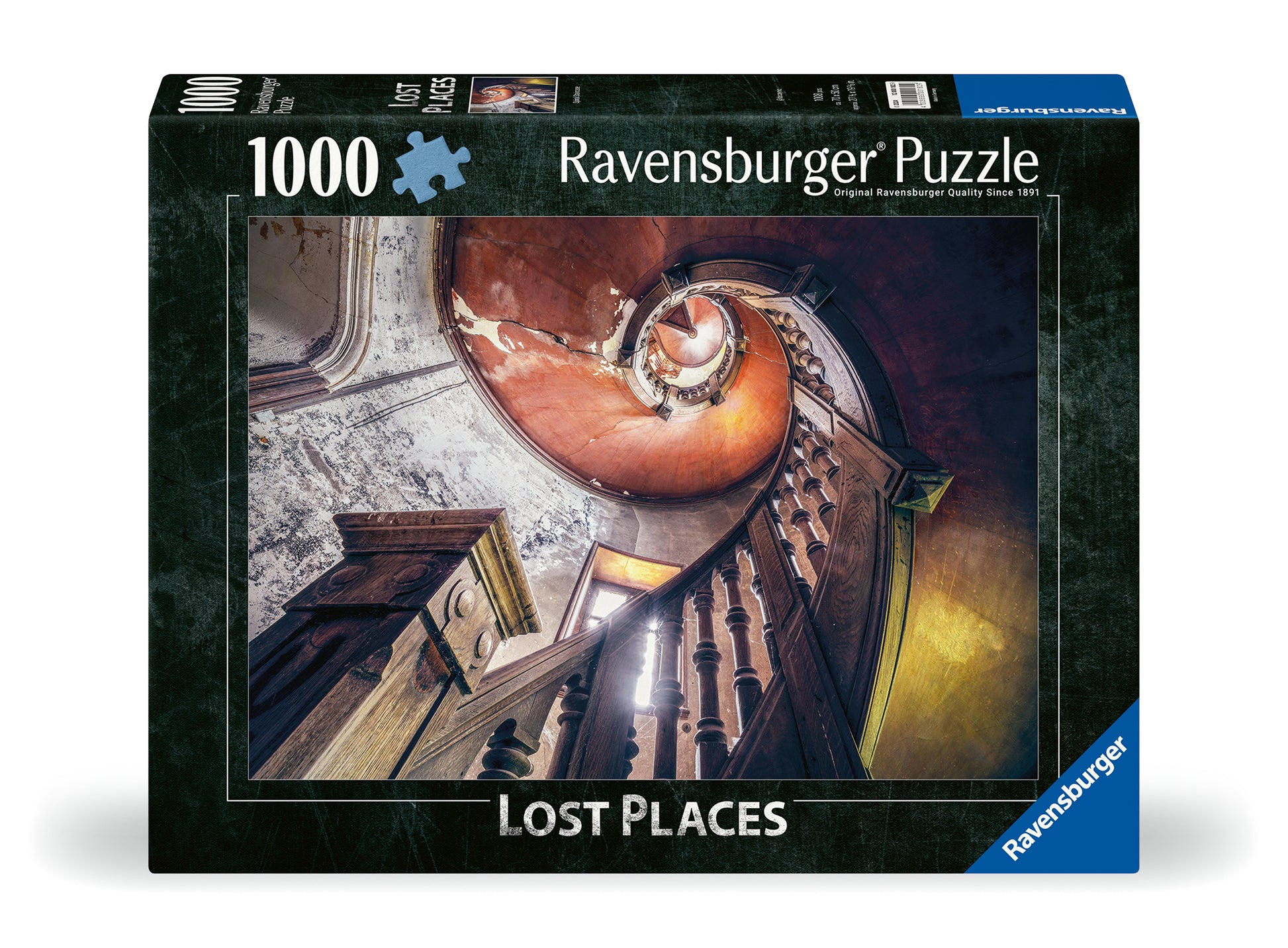 Lost Places: Spiral Staircase 1000 Piece Puzzle (PREORDER) - Ravensburger 1000-piece puzzle box showing a rusty spiral staircase winding down in dim lighting with textured walls.