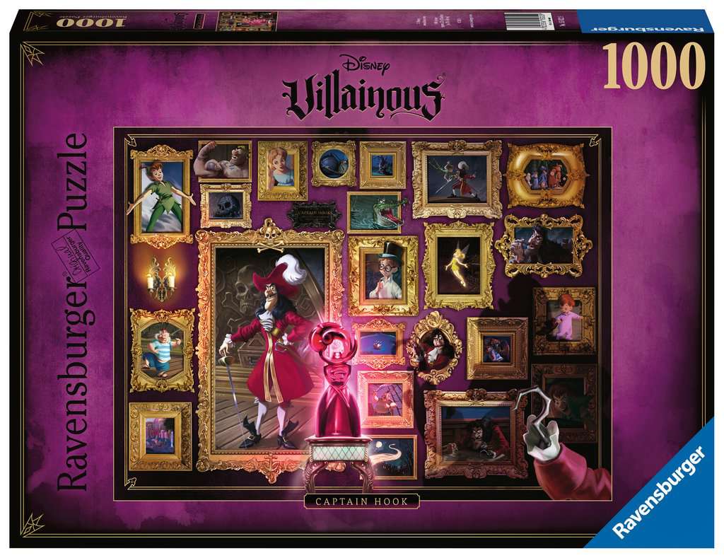 Villainous Captain Hook 1000 Piece Puzzle - Villainous Captain Hook 1000-piece puzzle featuring dark purple background and framed character portraits from Disney’s.