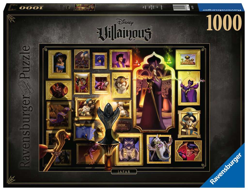 Villainous Jafar 1000 Piece Puzzle - Jafar-themed 1000-piece Ravensburger puzzle with vibrant character portraits on black background.