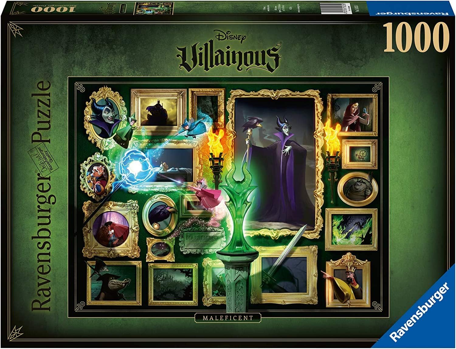 Villainous Maleficent 1000 Piece Puzzle - Ravensburger 1000-piece puzzle featuring Disney Villainous Maleficent with dark green and black gothic frames and glowing.