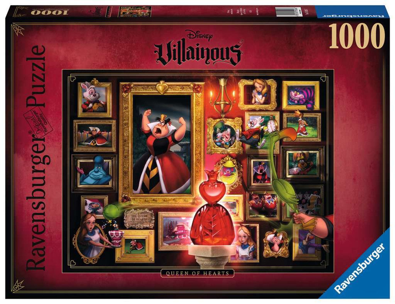 Villainous Queen of Hearts 1000 Piece Puzzle - 1000-piece Villainous Queen of Hearts puzzle with dark red border featuring Queen and framed villain portraits.