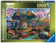 Abandoned Places - Gloomy Carnival 1000 Piece Puzzle - Colorful abandoned carnival scene with rusty rides, carousel, and faded signs in eerie light.